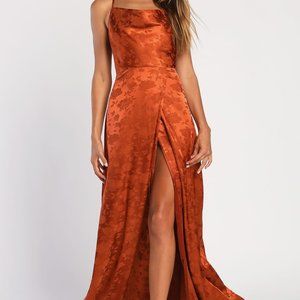 COPY - Simply Dreamy Rust Orange Satin Floral Jacquard Maxi Dress